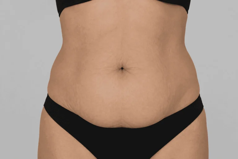 Abdomen femenino de frente antes de una abdominoplastia con el Dr. Rodrigo Montoya en Medellín