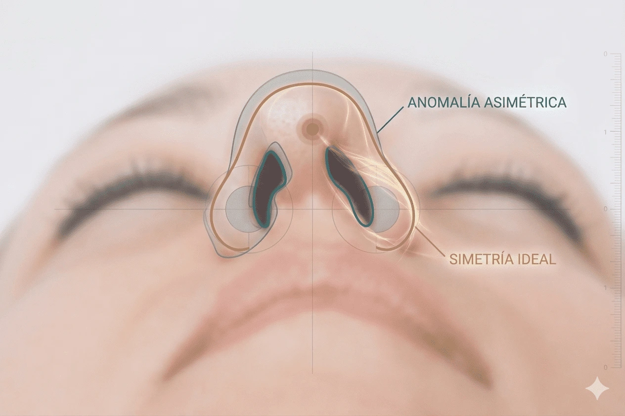 Ilustración de asimetría de la base nasal antes después de una rinoplastia
