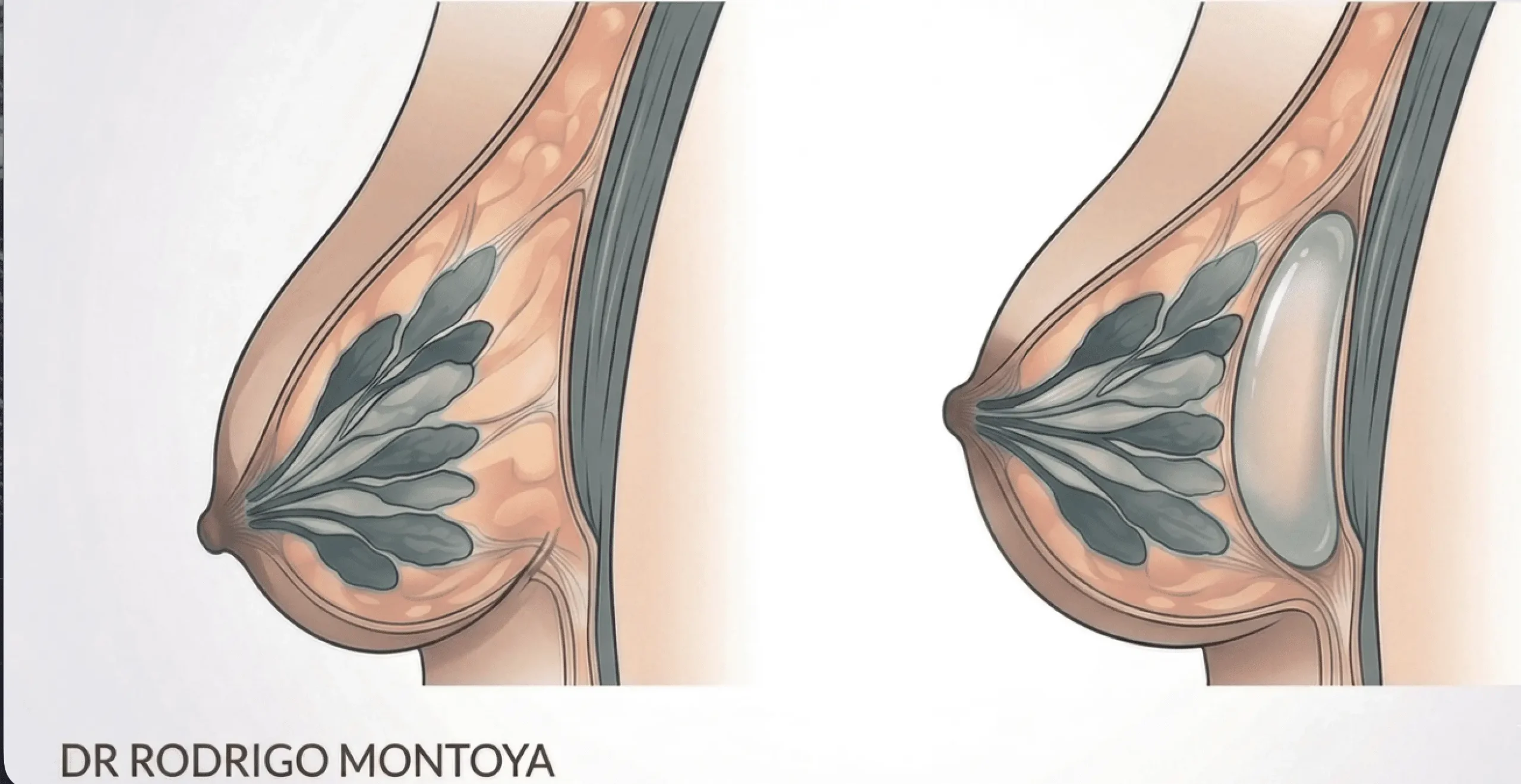 Esquema de mastopexia con aumento: levantamiento de senos combinado con implantes para restaurar volumen.