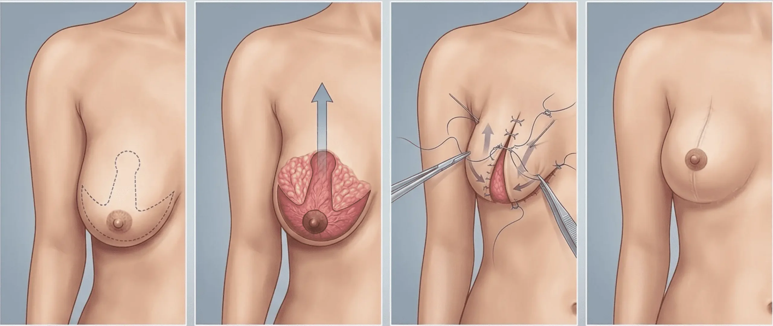 Esquema del proceso de levantamiento de senos (mastopexia): reposicionamiento glandular y del complejo areola-pezón.
