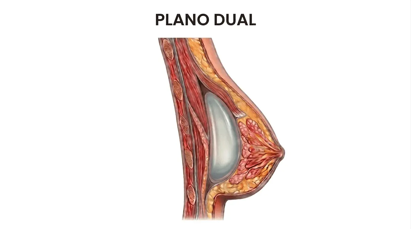 Plano dual (dual plane) en mamoplastia de aumento: cobertura muscular en el polo superior y glandular en el inferior.