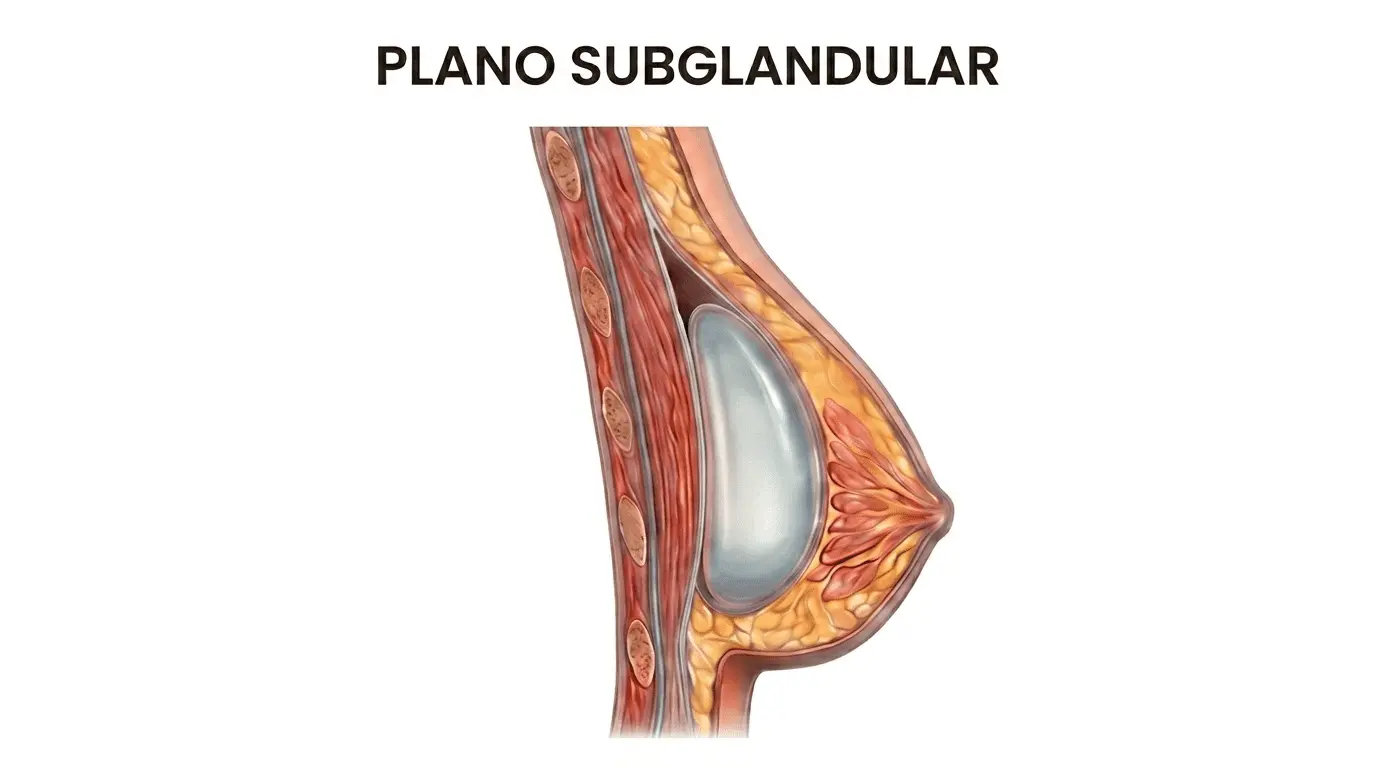 Plano subglandular en mamoplastia de aumento: implante colocado entre la glándula mamaria y el músculo pectoral.