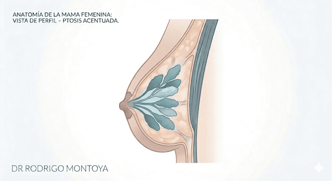 Esquema de mastopexia pura (levantamiento de senos sin implantes): reposicionamiento del tejido glandular y elevación del complejo areola-pezón.