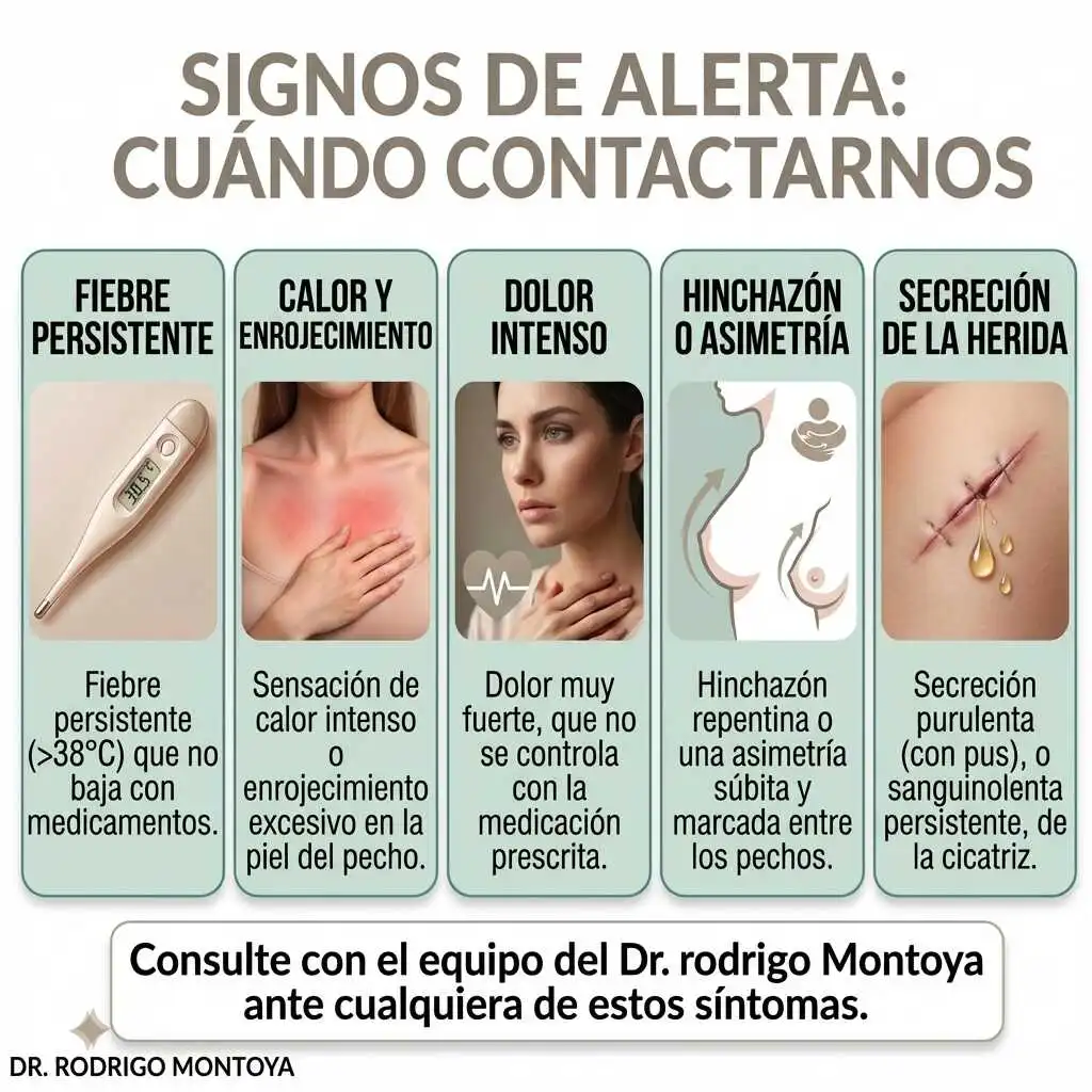 Signos de alerta a vigilar tras una mamoplastia de aumento: cuándo contactar al equipo médico.