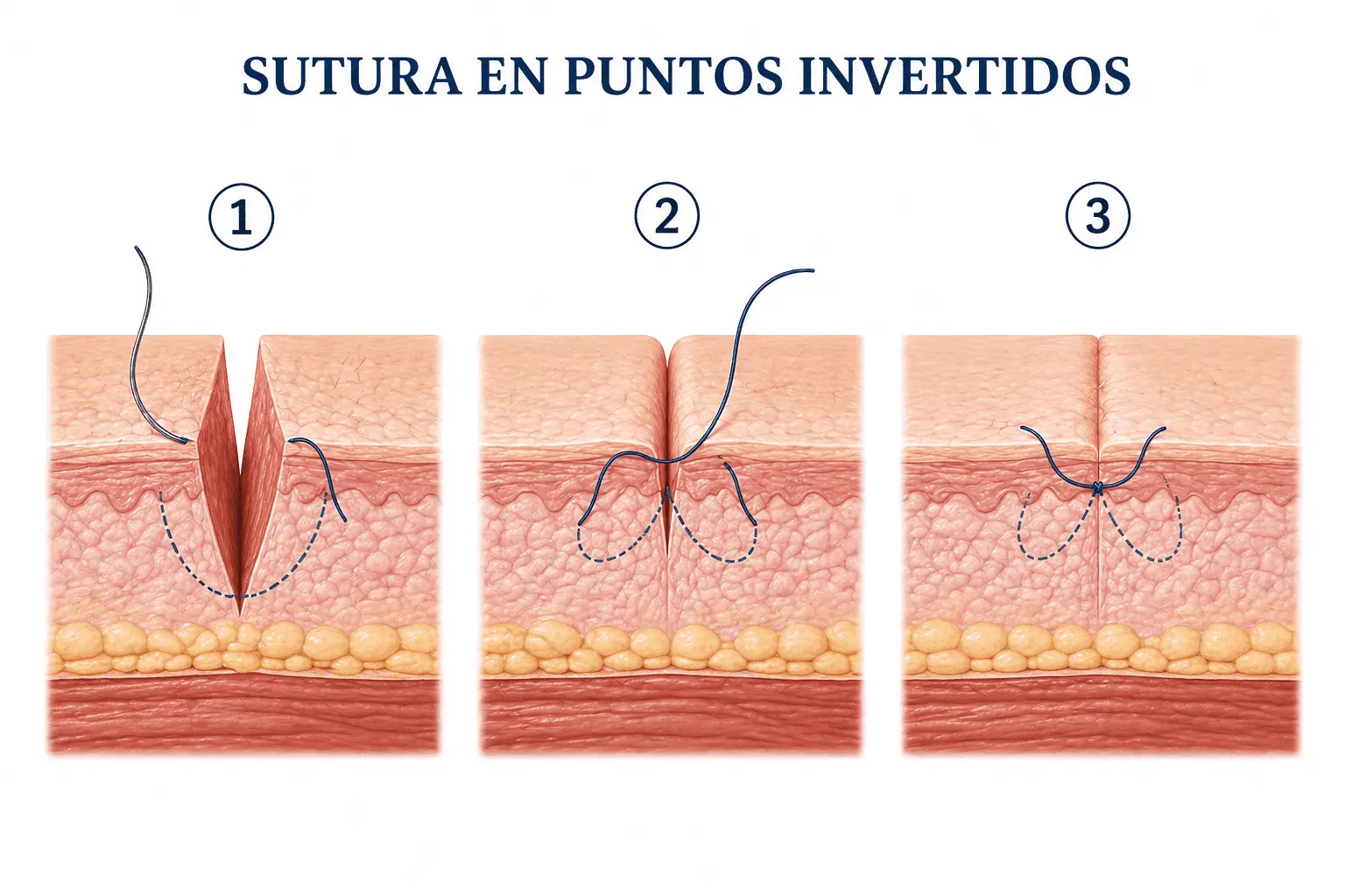 Técnica de sutura con puntos invertidos: cierre dérmico profundo con nudo enterrado para una cicatriz fina y discreta.