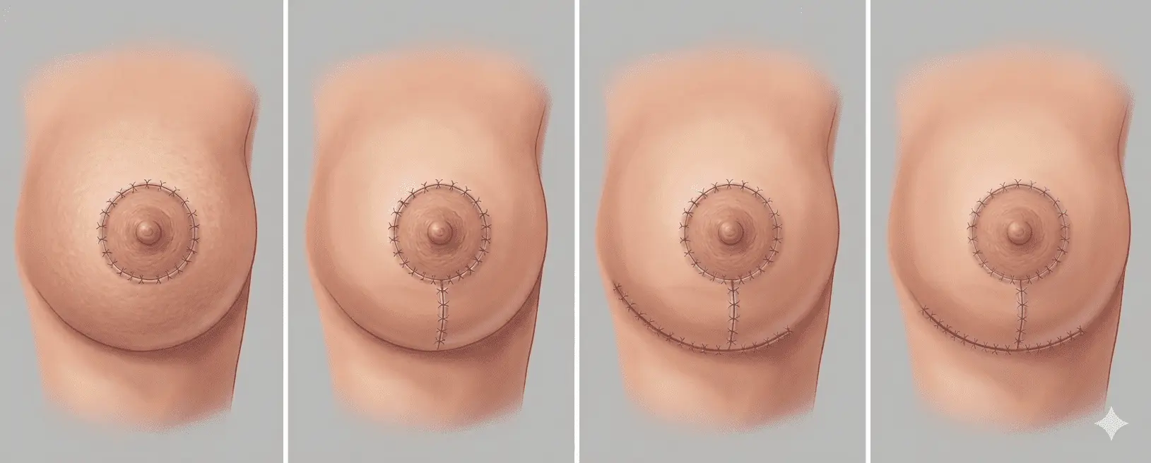Tipos de incisiones en mastopexia según el grado de ptosis: periareolar, vertical, en J o L y en ancla (T invertida).