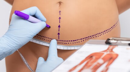 Marcación del abdomen antes de la incisión para abdominoplastia con el Dr. Rodrigo Montoya en Medellín