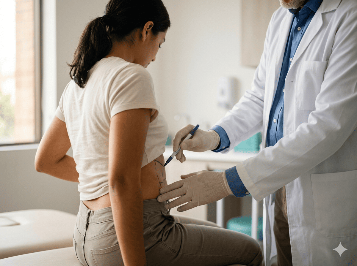 Valoración antes de lipoescultura con el Dr. Rodrigo Montoya en Medellín, mapeo de zonas y evaluación de la piel