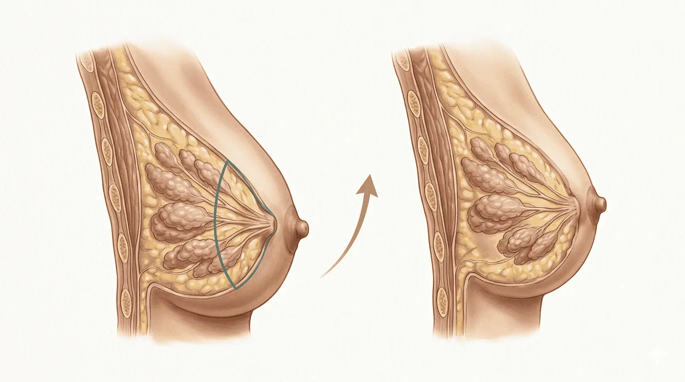 Esquema del proceso de reducción mamaria: resección del tejido y reposicionamiento del complejo areola-pezón.