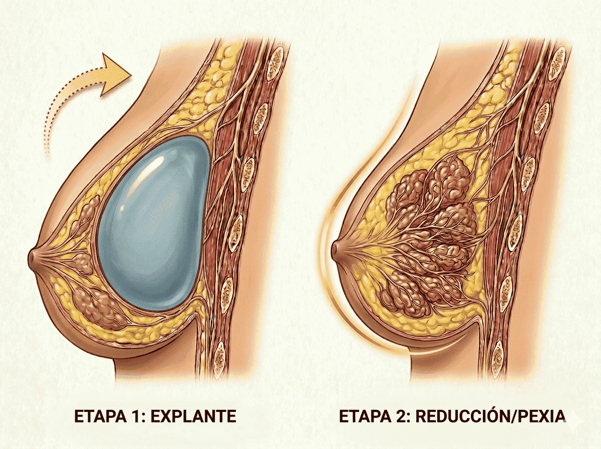 Explante combinado con reducción o levantamiento para recuperar un busto natural.