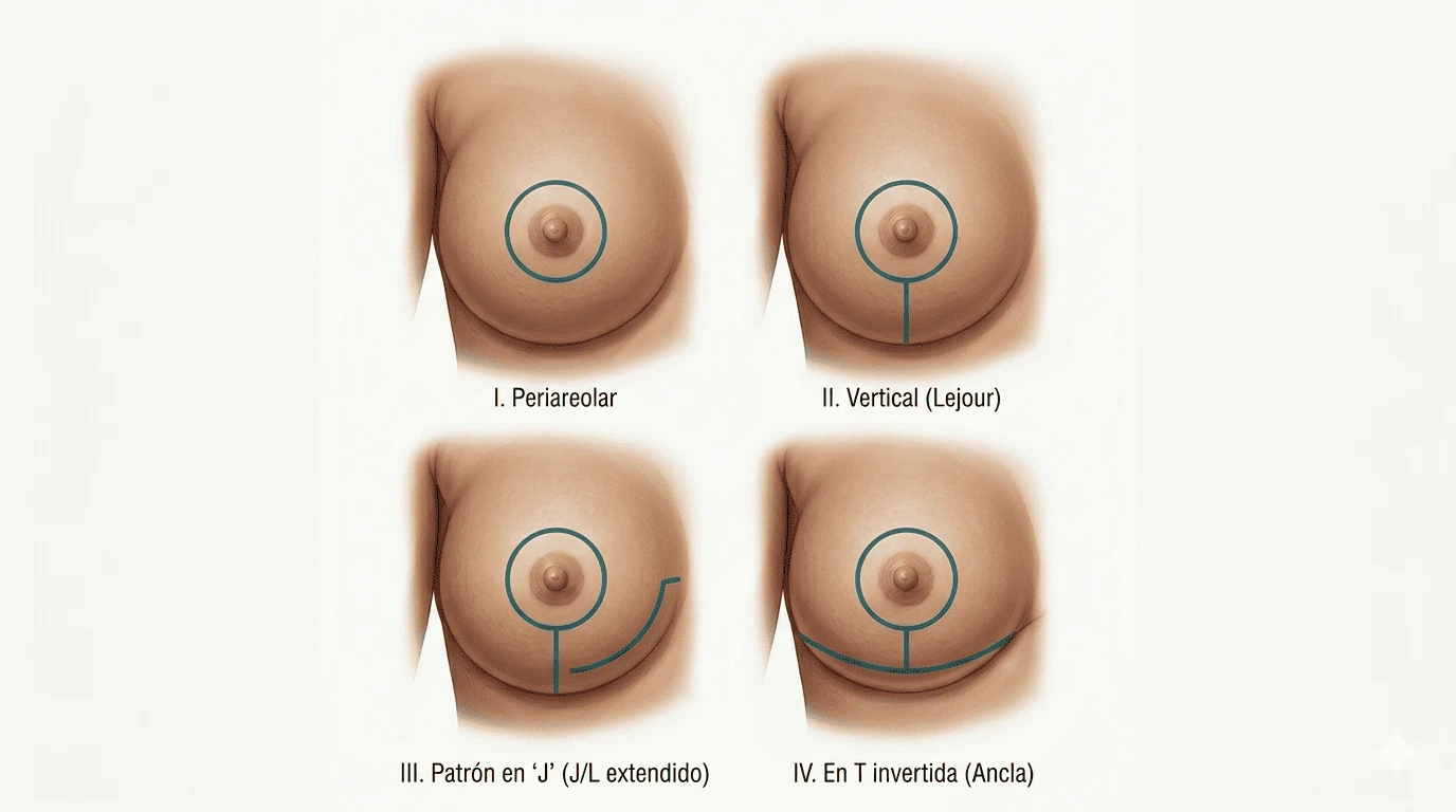 Tipos de patrones de incisión en reducción mamaria según el volumen y el grado de descenso: periareolar, vertical, en J o L y en T invertida (ancla).