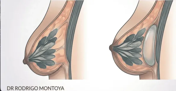Esquema de mastopexia con aumento: levantamiento de senos combinado con implantes para restaurar volumen.