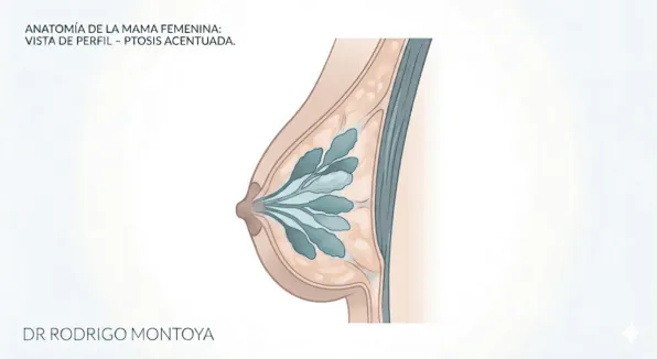Esquema de mastopexia pura (levantamiento de senos sin implantes): reposicionamiento del tejido glandular y elevación del complejo areola-pezón.