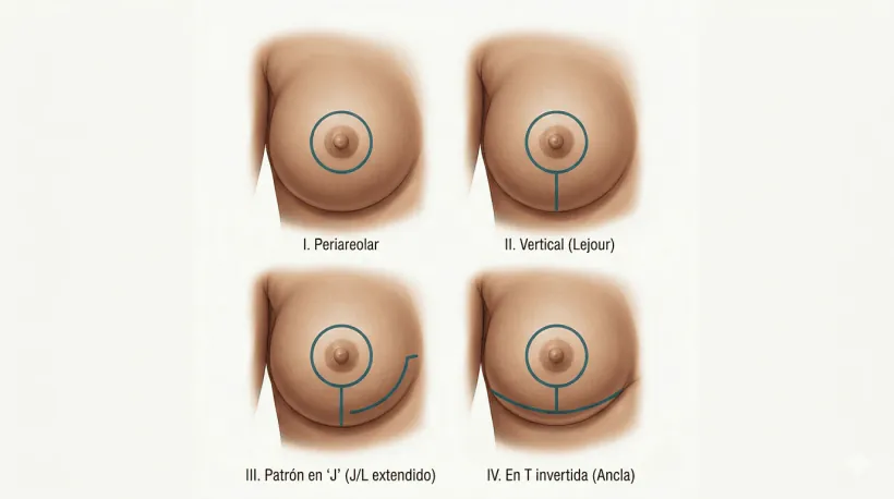 Tipos de patrones de incisión en reducción mamaria según el volumen y el grado de descenso: periareolar, vertical, en J o L y en T invertida (ancla).
