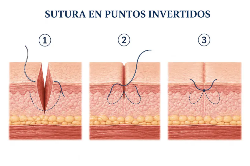 Técnica de sutura con puntos invertidos: cierre dérmico profundo con nudo enterrado para una cicatriz fina y discreta.
